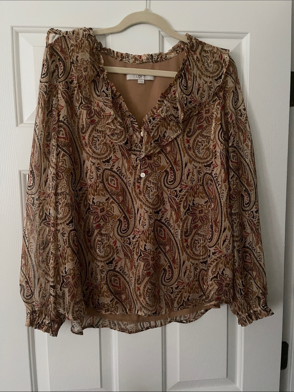 LOFT Beige Paisley Ruffle-Neck Long Sleeve Blouse
